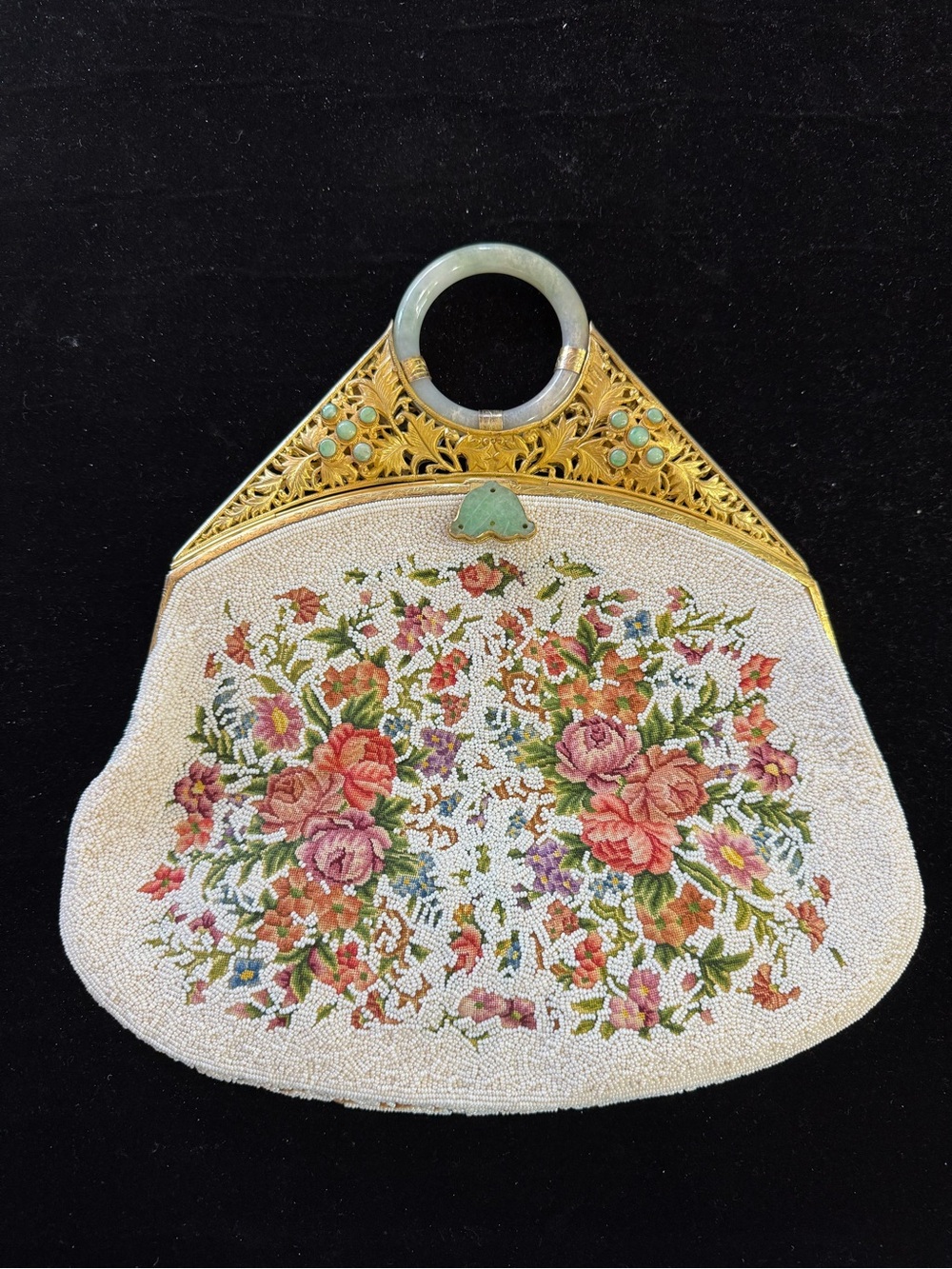 Vintage 1920s Chinese Export Beaded Petit‑Point Evening Bag, Jade Bangle Handle